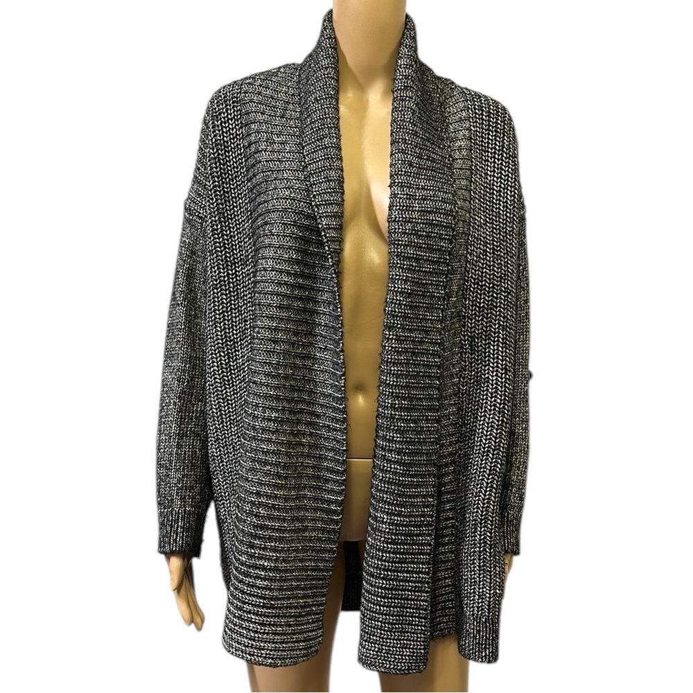 Tommy Hilfiger Knit Open Front Long Cardigan Black White Cotton Acrylic Large